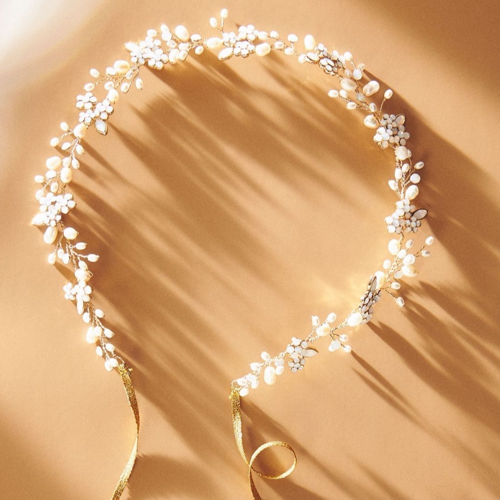 Twigs & Honey | Elegant Gold and White Floral Motif Headband w/ Gold Elastic Tie